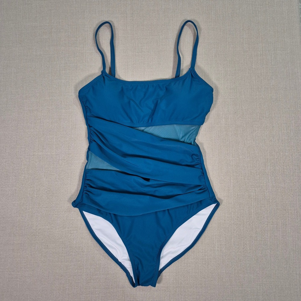 Mesh Ruched One Piece‎ Swimsuit Teal Blue Tummy Control Womens Size M